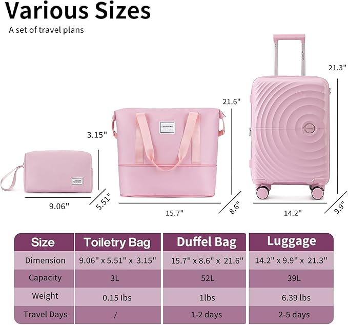 LARVENDER Carry On Luggage Set 22x14x9 Airline Approved, Expandable 20 Inch Carry-On Suitcases With Wheels, Lightweight Luggage Sets 3 Pieces With Duffel Bag, Light Pink
