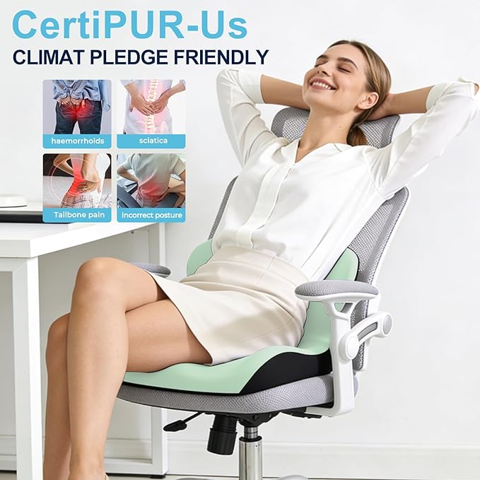 Seat Cushion, Office Chair Cushion, L-Shaped Ergonomic Car Seat Cushions, Memory Foam Chair Cushion, Lumbar Support Pillow for Wheelchair, Car, Home, Office, Desk, Green