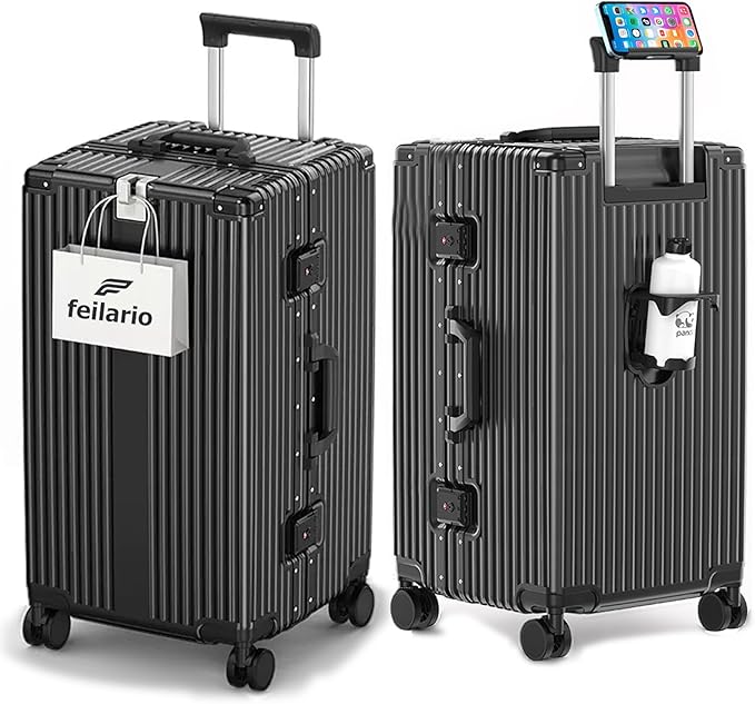 feilario 30in Super Large Captain Aluminum Frame Hardside Spinner Wheels Luggage, Removable Wheels Zipperless Checked Suitcase with Cup Holder/Phone Holder