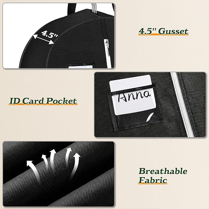 SLEEPING LAMB 72'' Bridal Wedding Gown Dress Garment Bag 15'' Gusseted Garment Cover Shoe Pockets Travel Garment Storage Bag for Prom, Evening Gowns, Black