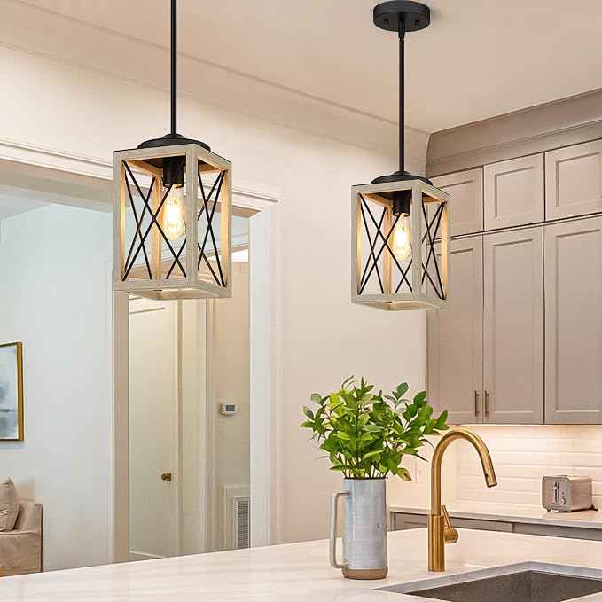 DEWENWILS Farmhouse Pendant Light, Metal Hanging Light Fixture with Wooden Grain Finish, 48" Adjustable Pipes for Flat and Slop Ceiling, Kitchen,Island, Living Room, Bedroom, E26 Base