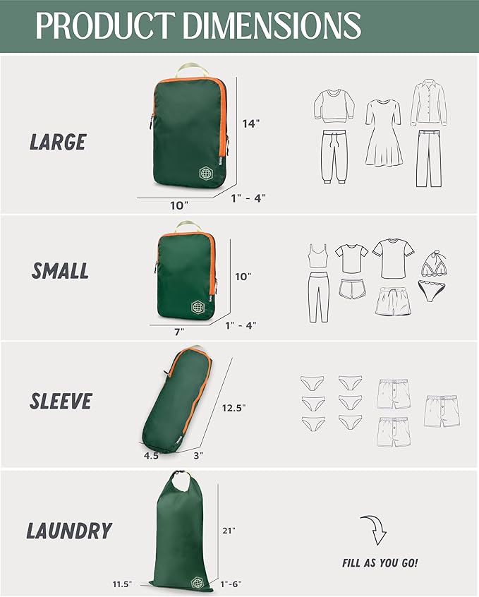 Compression Packing Cubes 6 Piece Set for Carryon Suitcases- Lightweight, Durable Clothes Organizer (Green and Orange)