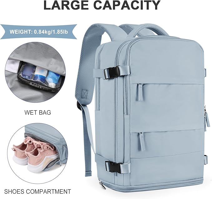 coowoz Large Travel Backpack For Women Men,Carry On Backpack Flight Approved,Hiking Backpack Waterproof Outdoor Rucksack Casual Daypack Fit 15.6 Inch Laptop Shoes Compartment,30L (Gray Blue)