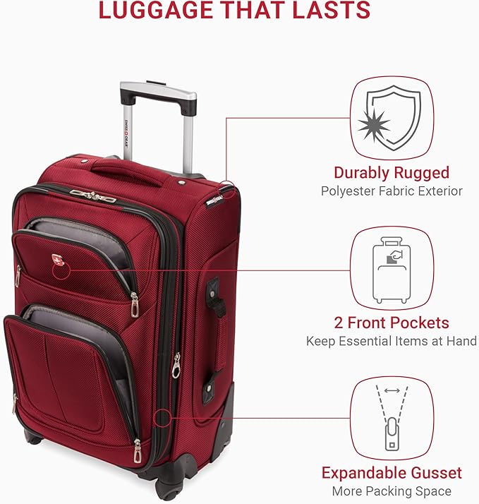SwissGear Sion Softside Expandable Luggage – Carry-On Suitcase with 360 Degree Wheels & Retractable Handle – 21 Inch, Perfect for 1-3 Night Trips – Burgundy
