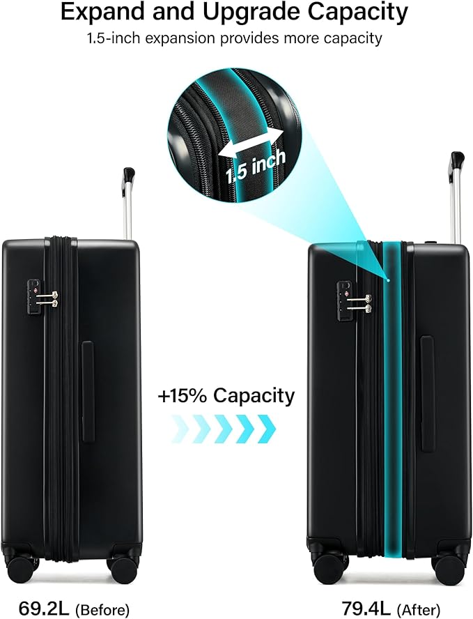 Hanke 24 Inch Expandable Hard Sided Luggage with Spinner Wheels, Checked Luggage for Travel, Hard Shell Suitcases With Wheels Durable Medium Suitcase for Woman Men with Tsa Lock(Jet Black)