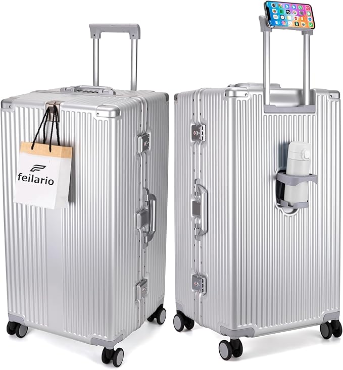 feilario 30in Super Large Captain Aluminum Frame Hardside Spinner Wheels Luggage, Removable Wheels Zipperless Checked Suitcase with Cup Holder/Phone Holder (Silver,30in)