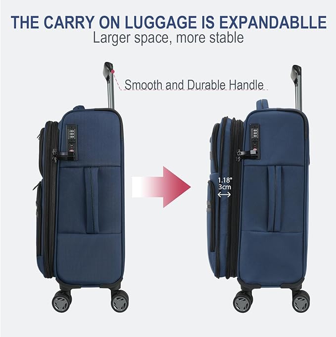 KROSER Softside Expandable Carry On Luggage with Front Business Pockets，20 Inch Suitcases with Spinner Wheels & Built-in TSA Lock, Durable Suitcase Rolling Luggage with USB Port, Navy
