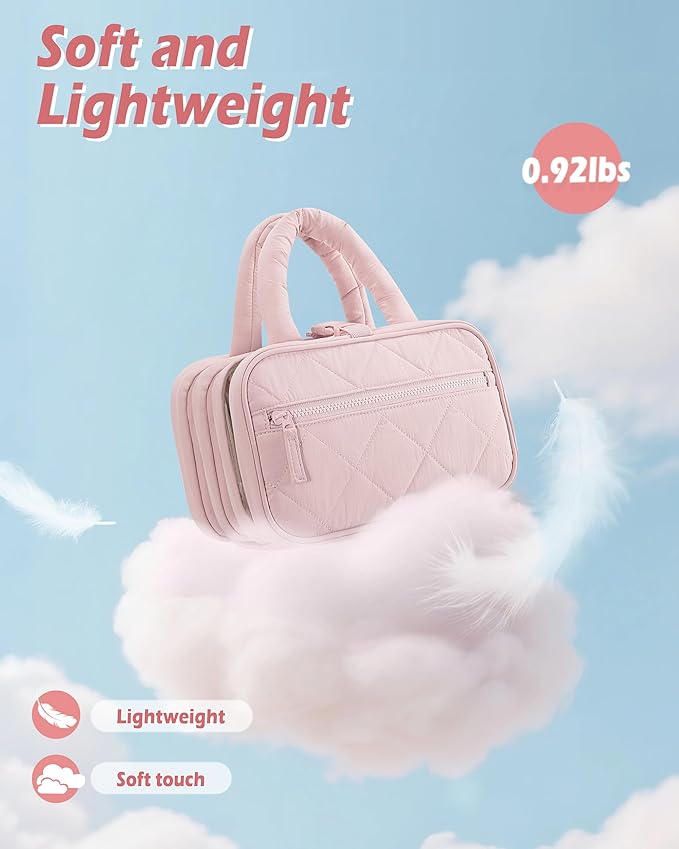 Travel Toiletry Bag for Women with Hanging Hook, Puffy Makeup Organizer with Brushes Slots for Bathroom, Shower and Beauty Essentials, Pink