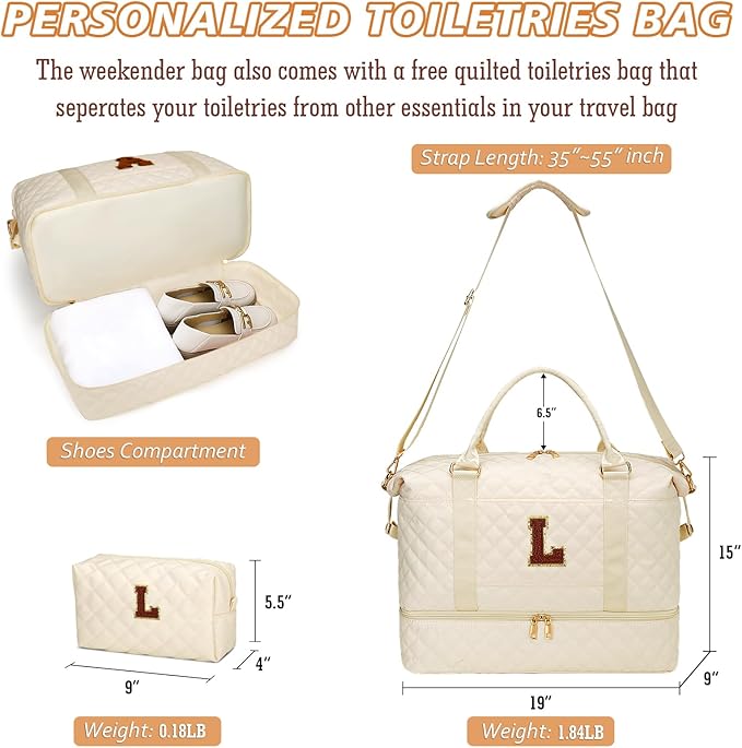 Gifts for Women Initial Travel Duffle Bag Quilted Weekender Bags Carry-On Overnight with Cosmetic Bag, Gym Bag with Shoe Compartment Hospital Bag for Women Labor Delivery, Beige-L