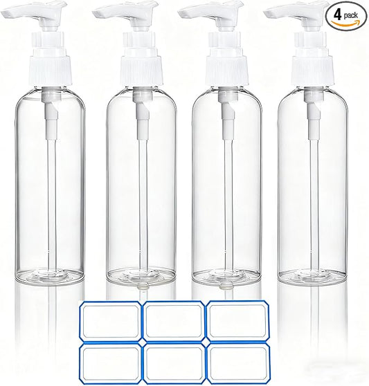 4 Pack 3.4 Oz (100ml) TSA Approved Travel Pump Bottles for Toiletries Clear Travel Size Bottles Leak Proof with Labels