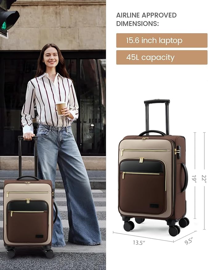 LOVEVOOK Carry on Suitcase 22x14x9 Airline Approved,20 inch Lightweight Waterproof Suitcases with 360° silent swivel wheels, TSA Lock and Compartment, Large Capacity travel Suitcase Apricot-Coffee