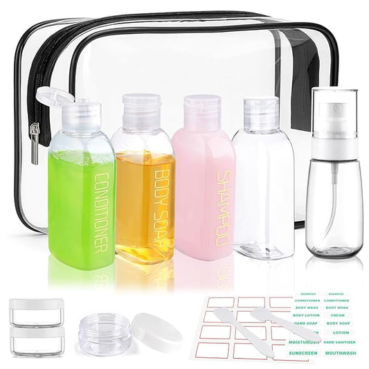 Cosywell 9PCS Leakproof Travel Bottles for Toiletries - TSA Approved Refillable Containers Set for Shampoo, Conditioner, Lotion, Cream Jars