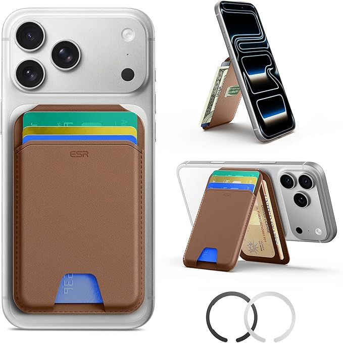 ESR for MagSafe Wallet with Stand, RFID Blocking, MagSafe Ring Included, 5 Cards Holder for Phone Case, Slim Magnetic Wallet for iPhone 17e/17/16/15/14/13/12 (Not for mini), Selected Samsung, Brown