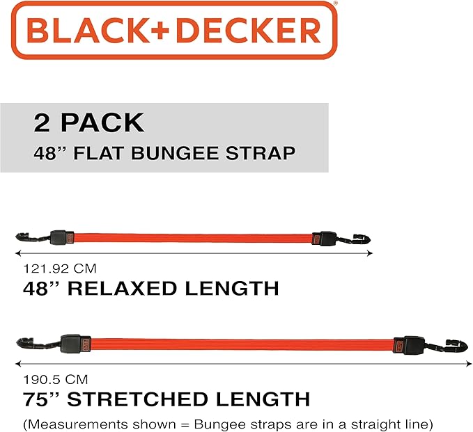 Black+Decker BDX1012 Black/Orange 48" Flat Bungee Cord Straps, 2 Pack