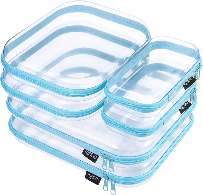 YQBRAO 6 Pack Clear Hard Shell Zipper Case, See-Through Hard Plastic Organizer Pouches with Zipper for Travel, Toiletries, Makeup, Electronics & Pencils - Crush-Resistant Storage (Blue)