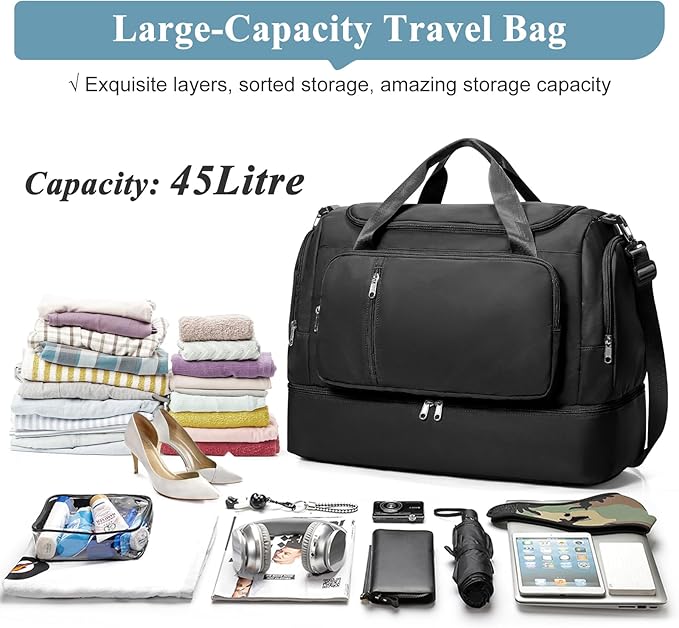 Travel Duffle Bag, Weekender Bags for Women,Carry On Overnight Personal Item Travel Bag with Shoes Compartment,Black