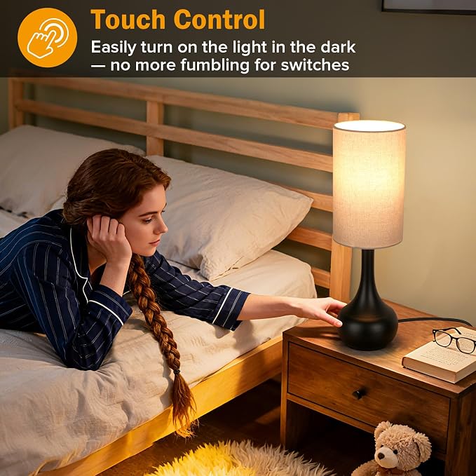 Touch Bedside Lamp for Nightstand,3-Way Dimmable,Space Saving & No Assembly Required, Upgraded Small Droplet Vintage Black Table Lamp for Bedroom, Living Room (2700K LED Bulb Included)
