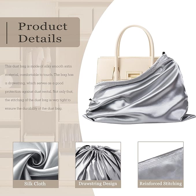 Vonty 3 Pack Silky Dust Bags for Shoes and Purses, Satin Drawstring Bag for HandBags Boots - Grey Shoe Bag Silk Dust Cover Bag Protector Travel Storage Pouch(23.6 x 19.6 In)