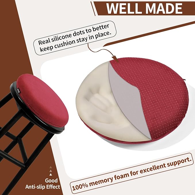 BUYUE Memory Foam Seat Cushion, Dia 13" Soft Velvet Round Stool Cushion Anti-Slip Chair Pads, S, Red