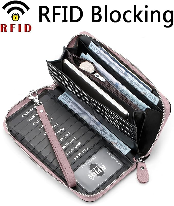 Moflycom Womens Wallet RFID Blocking Genuine Leather Multi Credit Card Large Capacity Zip Around Clutch Travel Purse Wristlet