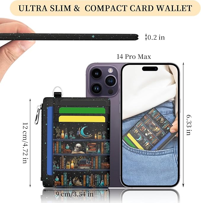 Hancynir Goth Bookshelf Skull Cat Wallet Women Credit Card Holder Funny Gothic RFID Blocking Small Card Wallets Mini Front Pocket PU Leather Thin Travel Zipper Coin Cash Ladies Female Wallet Gifts