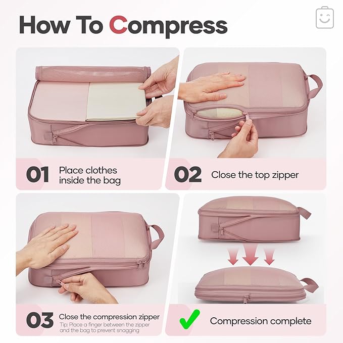 Veken 9/11 Set Compression Packing Cubes for Travel Essentials,Compressible Expandable Large Luggage Organizer Bags for Clothing,Durable Space Saver Storage Bags with Toiletry Bags(Light Coral)