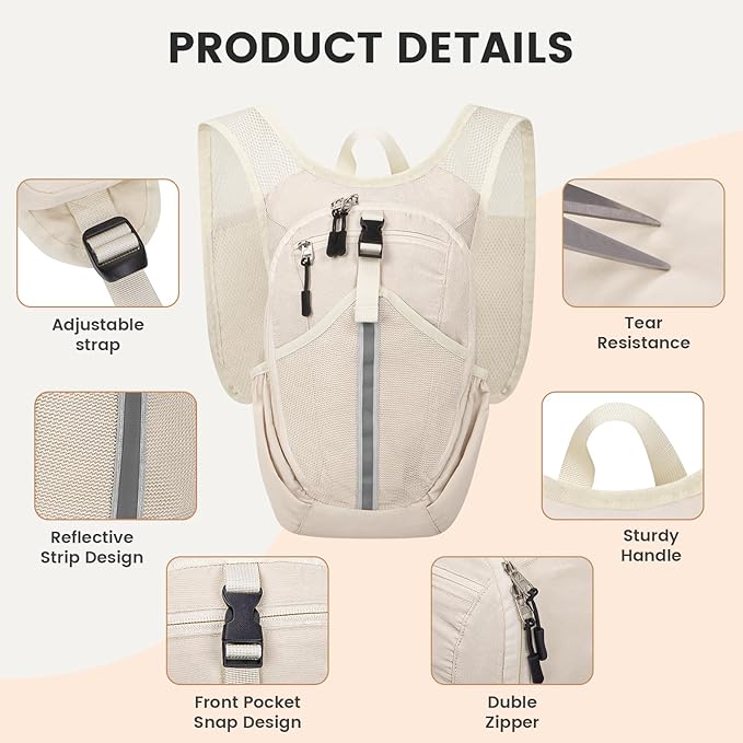 Small Hiking Backpack 10L-Lightweight Packable Foldable Backpack for Travel Camping Outdoor Commute,Compact Rucksack for Women Men(Beige)