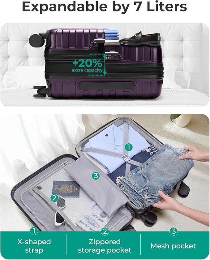 BAGSMART Carry On Luggage 22x14x9 Airline Approved with Spinner Wheels,Lightweight 20 Inch Luggage with TSA Lock,Expandable Hard Shell Carry On Suitcases for Men Women,Purple