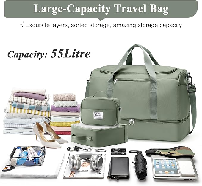 Extra Large Travel Duffle Bag,Carry on Overnight Weekend Bag with Shoes Compartment,Weekender Bags for Women for Travel Business Trips Sport Hospital,3 Pcs Set,Olive Green