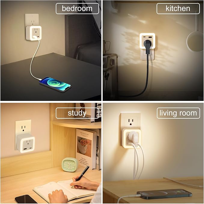 Night Lights Plug Into Wall 2 Pack Rechargeable Battery Backup Light | Dusk to Dawn Sensor Night Light with Outlet Expander for Adults Kids Bedroom, Kitchen, and Bathroom (2, warm white, 3000K)
