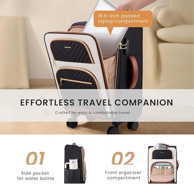 LOVEVOOK Carry on Luggage 22x14x9 Airline Approved, Waterproof Carry on Suitcase with 3 Pouches,Lightweight Softside Underseat Travel Luggage with 360° Spinner Wheels,TSA Lock for Travel Business