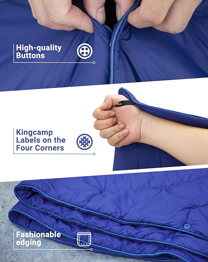 KingCamp Ultralight Camping Blanket, Packable Down Alternative Puffy Wearable Blankets Weatherproof Warm Package Quilt with Snap Buttons for Outdoor Hiking Travel Picnic Stadium (69" L x 53" W, Navy)