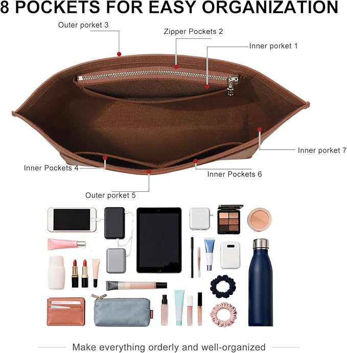 Doxo Felt Purse Organizer Insert for Longchamp Le Pliage M Totes, Longchamp Orgainzer Insert Meduim with 7 Compartments & YKK Zipper | Fits Long Champ Meidum Top Handle Tote Bag (SM, Gold Brown)