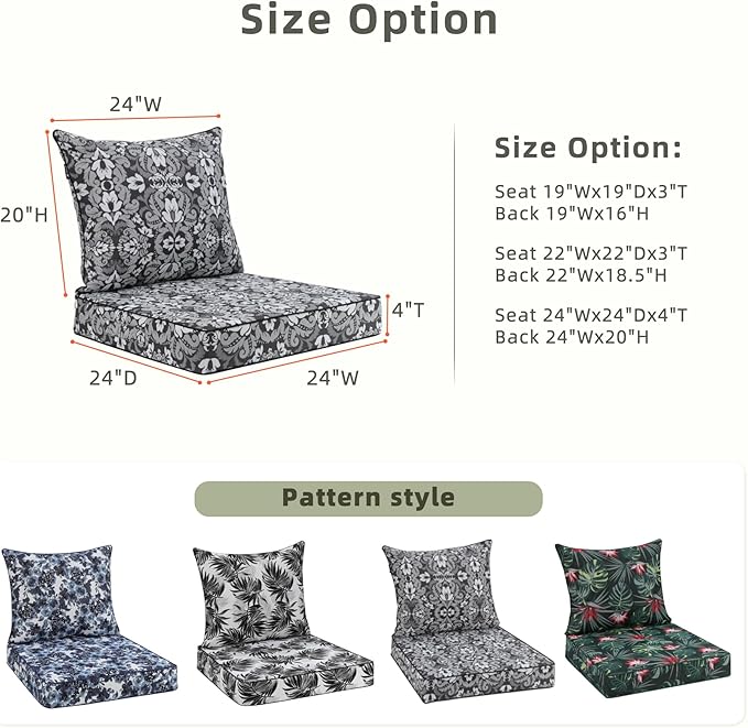 Favoyard Outdoor Seat Cushion 24 x 24 x 4 in Waterproof Pattern Fade Resistant Cover Removable Patio Furniture Cushions Deep Seat & Back Cushion Set with Adjustable Straps for Patio Chair Sofa Couch