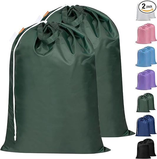 Polecasa Extra Heavy Duty Large Laundry Bag with Sturdy Handles and Drawstring Closure, 2 Pack 28 x 36 inches Durable Storage Bags for Basket, Hamper, College, Dorm, Travel, Green