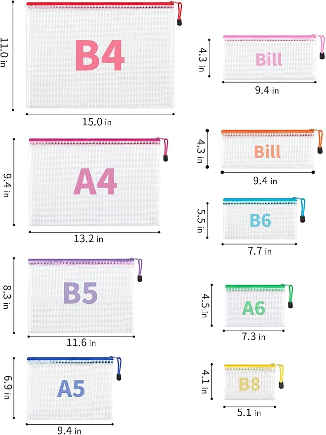JARLINK 18 Pack 8 Sizes Mesh Pouch, 9 Colors, Waterproof Zipper Bags Document Multipurpose Travel Bags for Office, School, Board Game, Puzzles, Cosmetics, Travel Accessories, and Home Organization