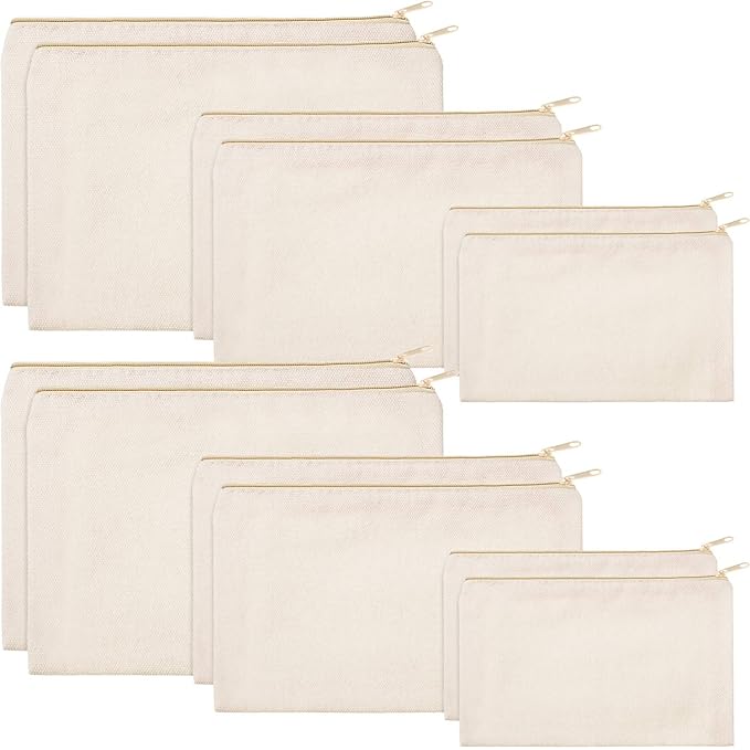 Frienda 12 Pieces Canvas Cosmetic Bag Multipurpose Cosmetic Pouch Zipper Makeup Bags Blank Make Up Purse for Women Travel Organize Storage, Multi Sizes