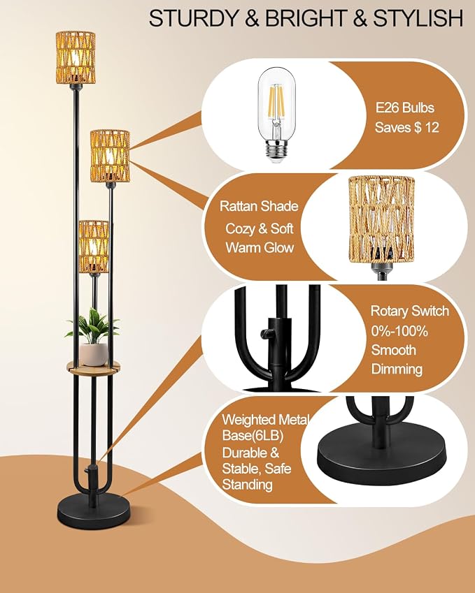Lightdot Dimmable Boho Floor Lamps for Living Room 3-Lights 3000K Rattan Floor Lamp with Shelves Farmhouse Floor Lamp Rustic Black Standing Lamp with 5Lbs Heavy Base for Sofa Beside/Corner Decor