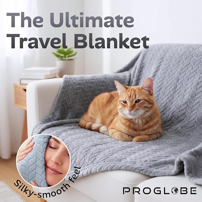 Proglobe Travel Blanket and Pillow - Ultra Soft Lightweight Fleece Blanket for Airplane, Car, Camping, Bus, Travel - Portable Cozy Blanket for Men, Women, Kids - Grey 42" x 68"