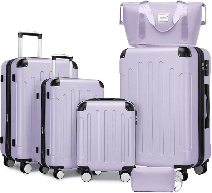 6 Piece Luggage Set Hard Shell - Lavender Expandable Suitcases with Spinner Wheels and Duffel Bags for Family Travel, Durable Carry On Luggage Sets with Lock for Women and Men