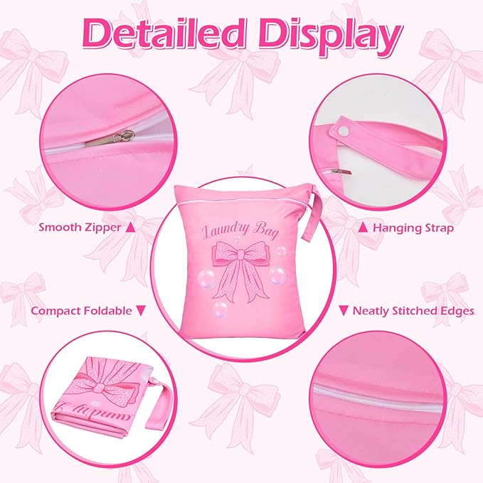 2 Pcs Large Travel Laundry Bags Waterproof Wet Dry Bag, Washable Dirty Clothes Bags for Travel，Drawstring, Bathing Suit, Workout, Gym Clothes Laundry, Swimming Pool & College Dorm, Pink Bow