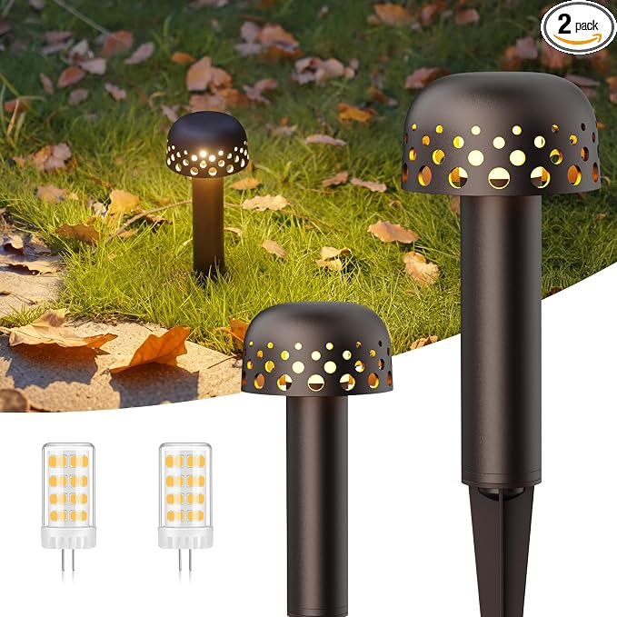 Low Voltage Landscape Pathway Lights, 12V Outdoor Mushroom Decorative Lights, Unique Aluminum Path Lighting with 4W 2700K Replaceable Bulb for Walkway Garden Yard, 2 Pack