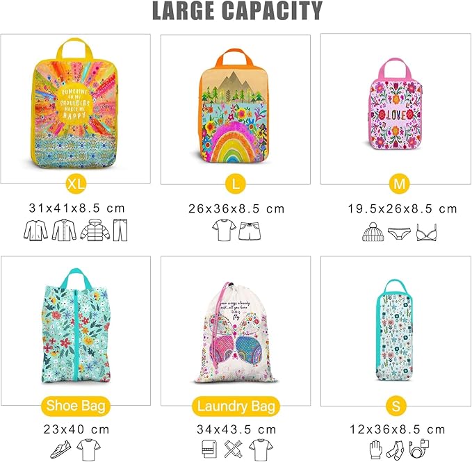 6 Set Packing Cubes Compression Bags for Travel, Floral Packing Organizers for Luggage with Shoe Bags for Packing In Suitcase, Colorful Compression Bags for Storage Trip and Family Vacation