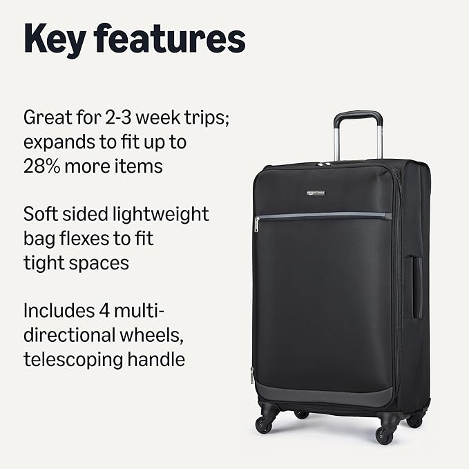 Amazon Basics 28" Large Checked Softside Expandable Suitcase with 360-Degree Multi-directional Spinner Wheels, Expandable Capacity, Zippered Pockets, Telescoping Handle, Black