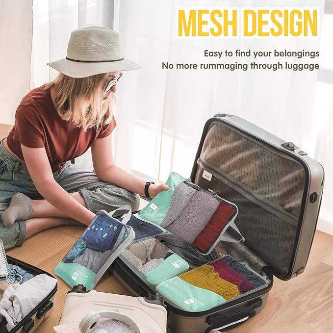 Compression Packing Cubes 8 Set, Dual Zipper Compression Packing Cubes for Travel, See-Through Mesh Packing Bags for Suitcases, Compression Cubes with Shoe Bag