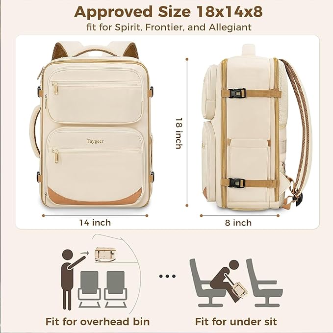 Taygeer Underseat 40L Travel Backpack with Shoe Compartment, TSA Approved Frontier Airlines Personal Item Bag, 18x14x8 inches Travel Bag for Women Weekender Fits Spirit Frontier Allegiant, Beige