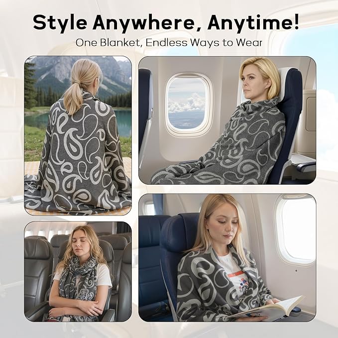 Travel Blanket Airplane - Ultra Soft & Lightweight Knit Design Compact Airplane Blanket,53x72 Inch,Stylish Travel Shawl Wraps for Flights,Office,Home Use,Travel Essentials & Gifts