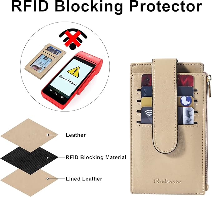 Chelmon Womens Wallet Slim RFID Blocking Bifold Multi Card Case Wallet with Zipper Pocket (Khaki)