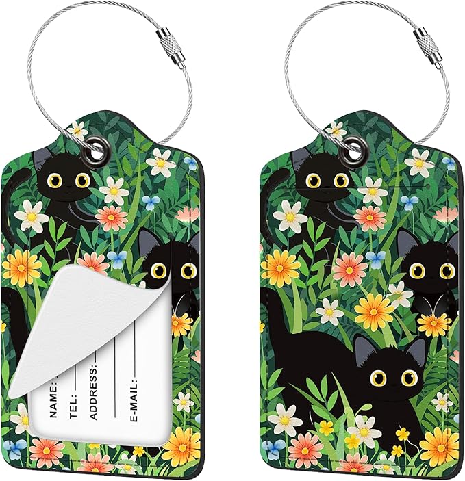 2 Pcs Luggage Tag for Suitcases, Black Cat Floral Cute PU Leather Suitcase Tag Privacy Cover ID Label with Metal Loop, Personalized Baggage Identifier for Women Cruise Bag Travel Essentials