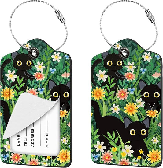 2 Pcs Luggage Tag for Suitcases, Black Cat Floral Cute PU Leather Suitcase Tag Privacy Cover ID Label with Metal Loop, Personalized Baggage Identifier for Women Cruise Bag Travel Essentials